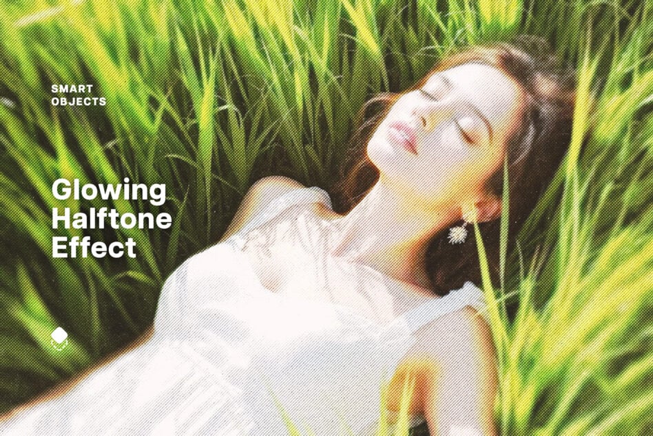 Woman in white shirt lying in tall green grass with glowing halftone effect overlay