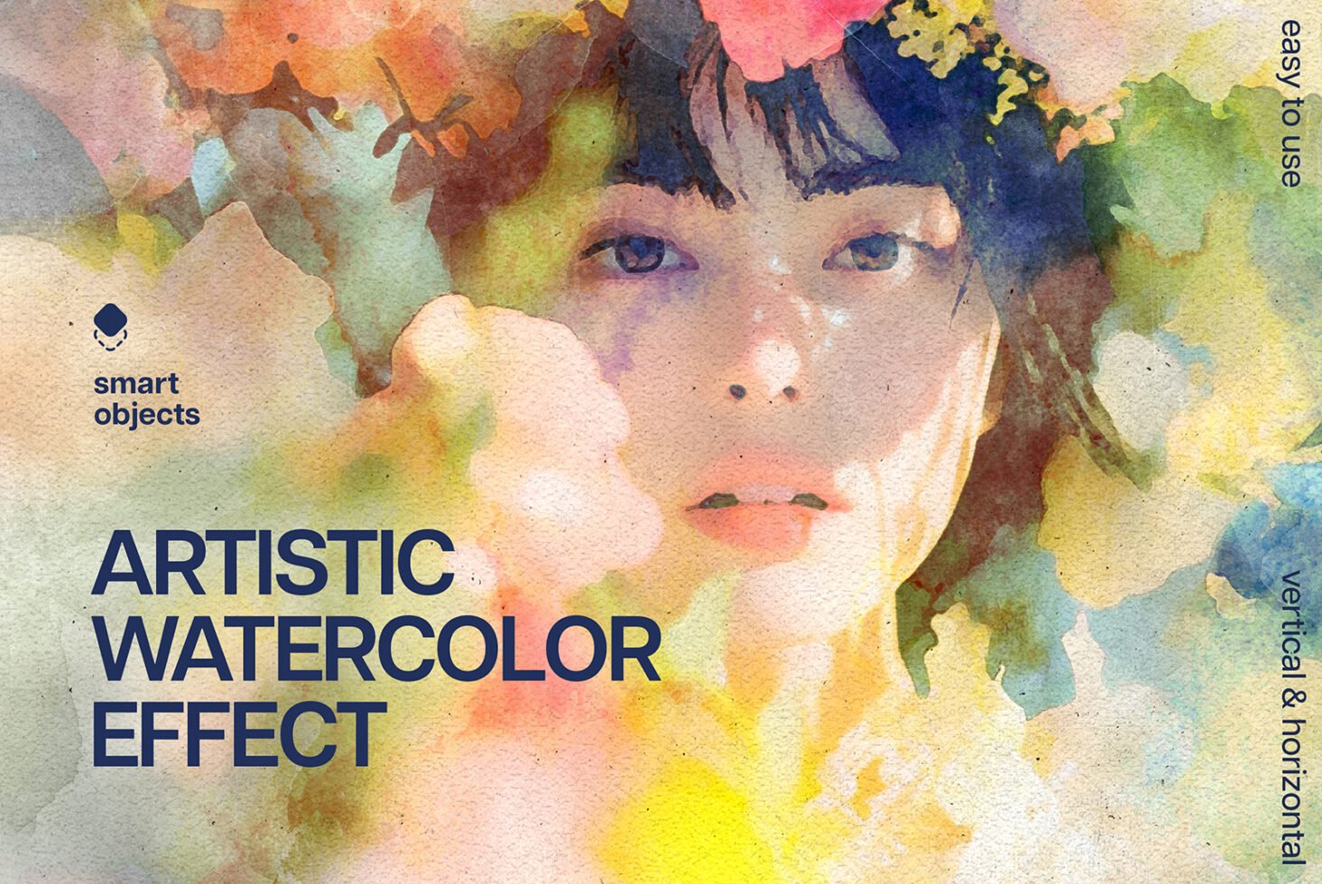 Artistic watercolor effect mockup featuring a portrait with vibrant pastel colors, ideal for designers seeking creative graphic projects and templates.