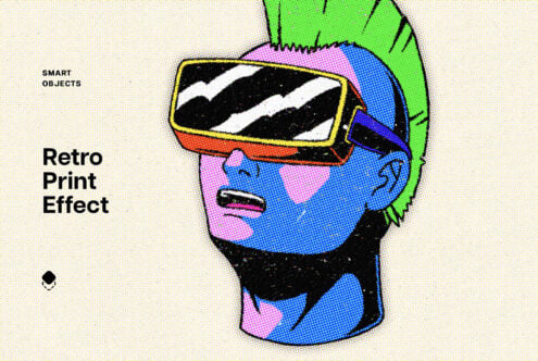 Retro print effect graphic with vibrant neon colors featuring a futuristic character in VR goggles. Ideal for designers seeking unique digital assets.