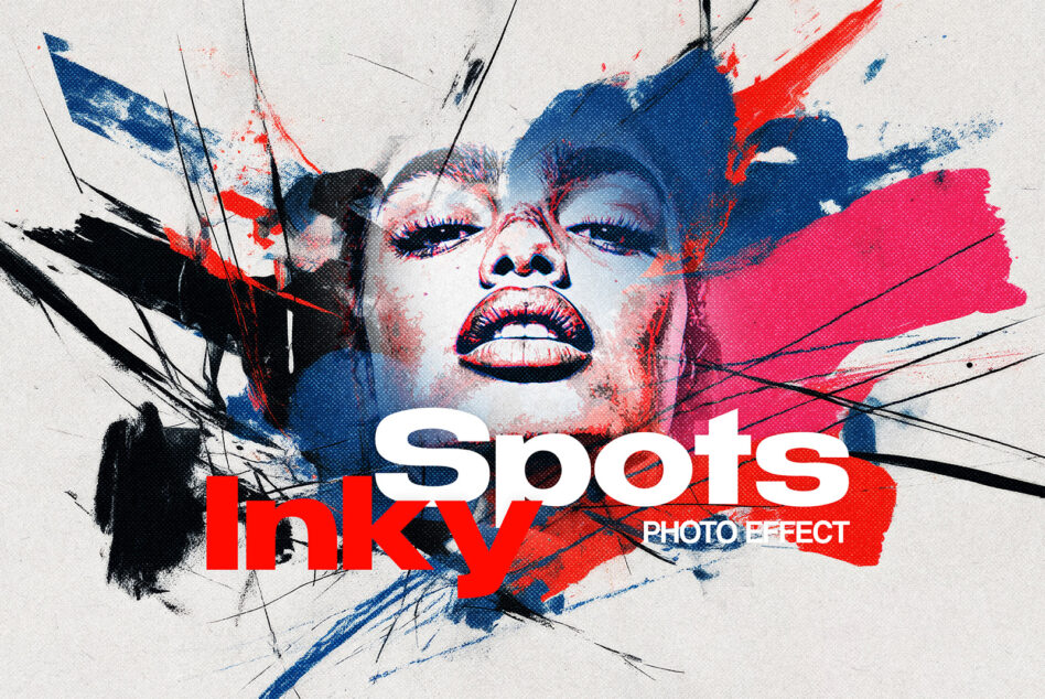Inky Spots Photo Effect text over portrait with paint splatters