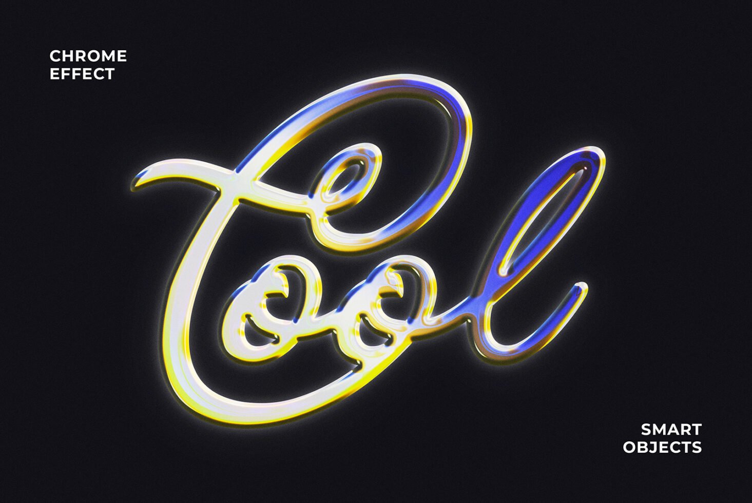 Chrome effect text reading cool on dark background. Vibrant colors. Suitable for mockup designs and smart object templates. Ideal for graphic designers.