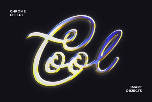 Chrome effect text reading cool on dark background. Vibrant colors. Suitable for mockup designs and smart object templates. Ideal for graphic designers.