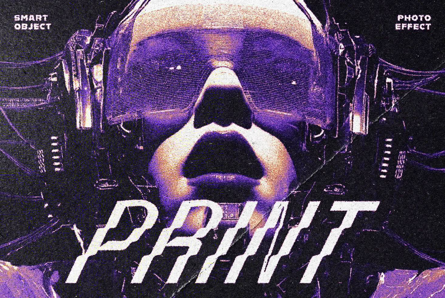 Futuristic cyberpunk design template featuring a close-up of a robotic figure with digital photo effect smart object. Ideal for graphics projects.