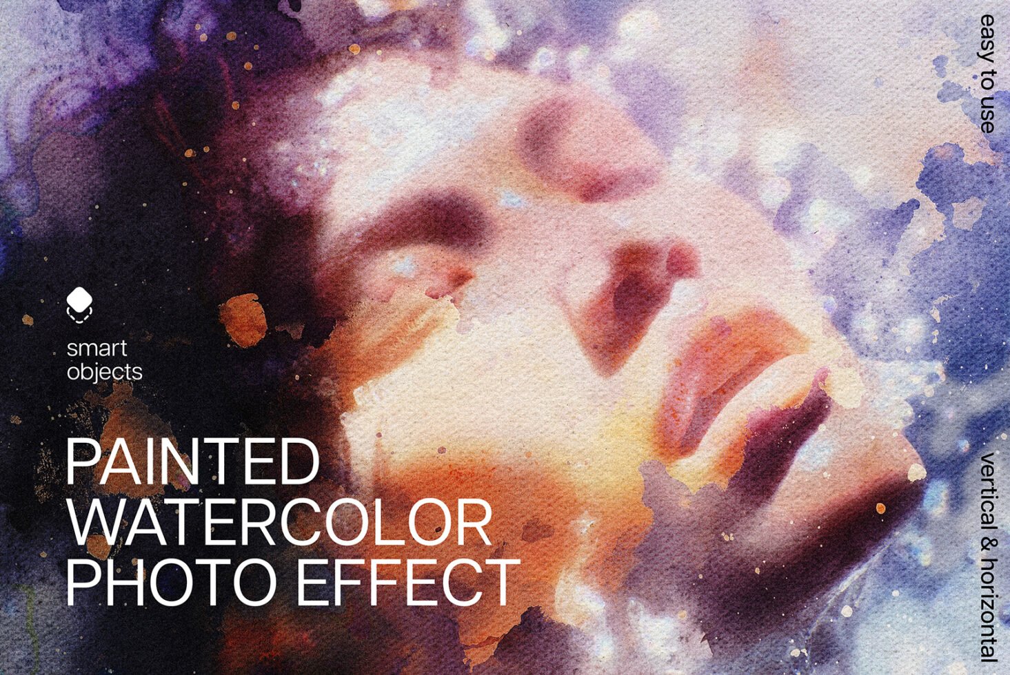 Watercolor photo effect showing a serene face in vibrant colors. Ideal for designers; features editable smart objects. Perfect for creative templates.