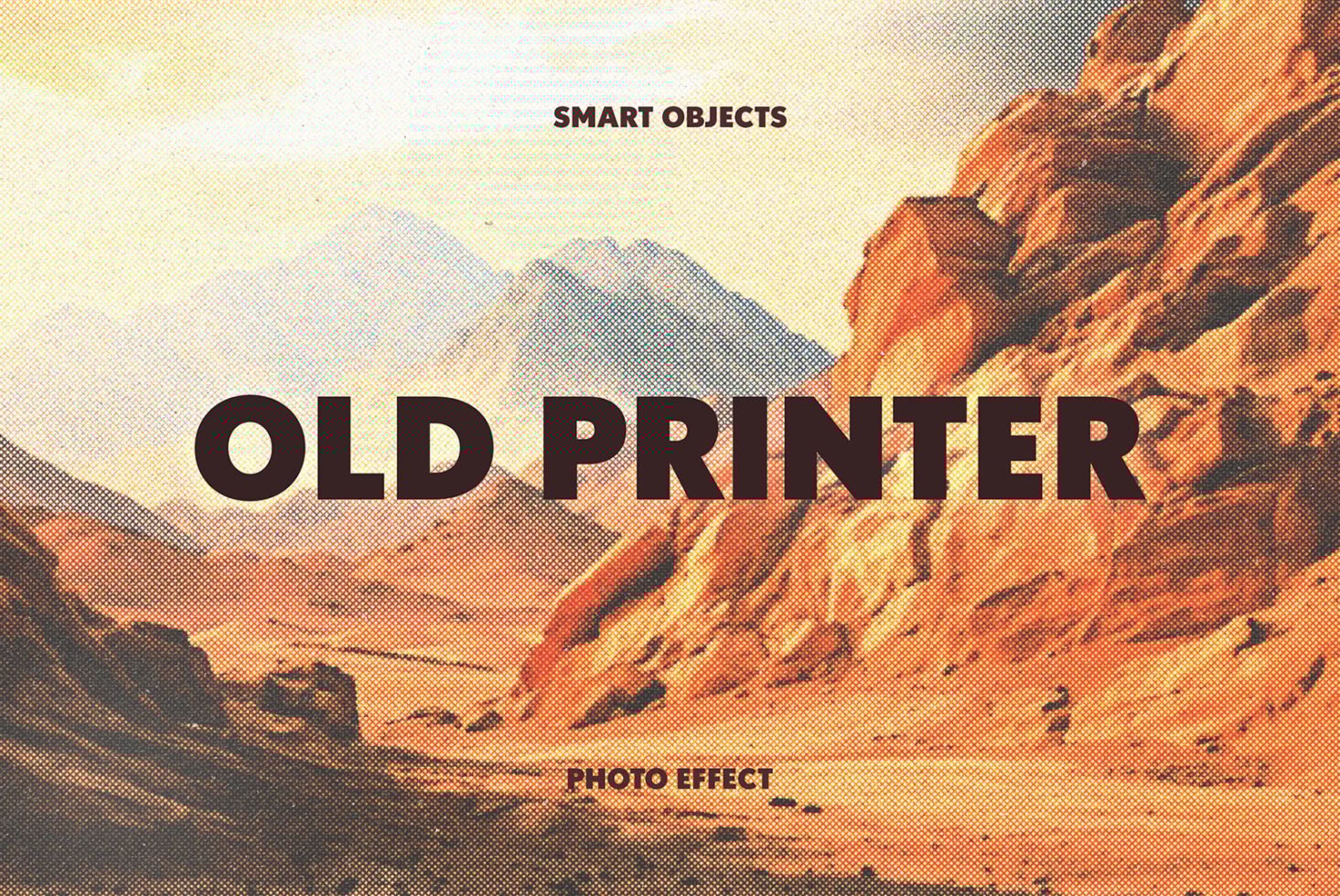 Vintage photo effect of a desert landscape with mountains and rocks using retro halftone printing style perfect for graphic designers and photo effects.