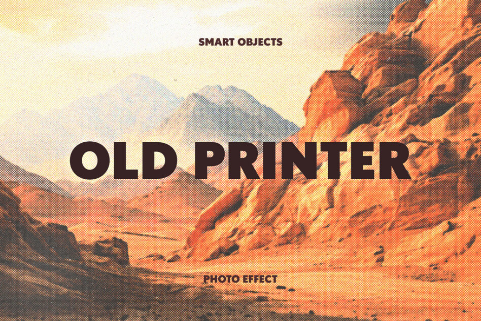 Desert landscape with OLD PRINTER text overlay, retro halftone photo effect