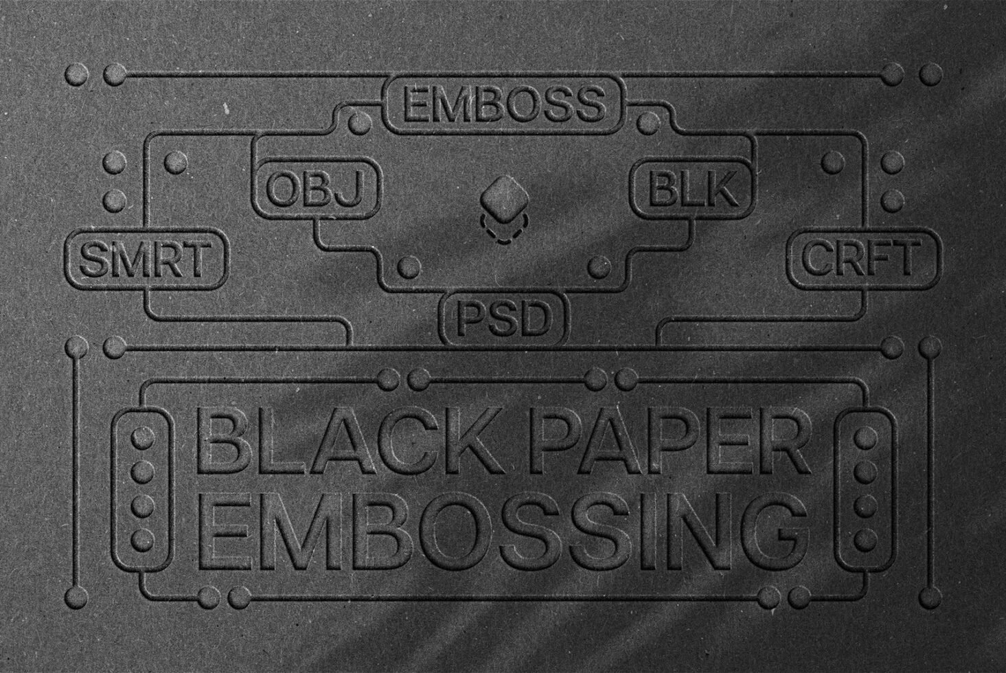 Embossed black paper texture with design elements and text Black Paper Embossing includes keywords SMRT OBJ BLK CRFT PSD suitable for mockups and templates.