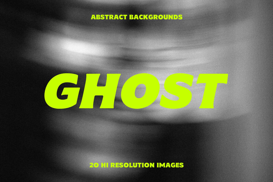 Neon yellow GHOST text over swirling grayscale abstract background