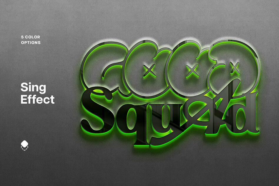 Sing effect mockup showing text with five neon color options