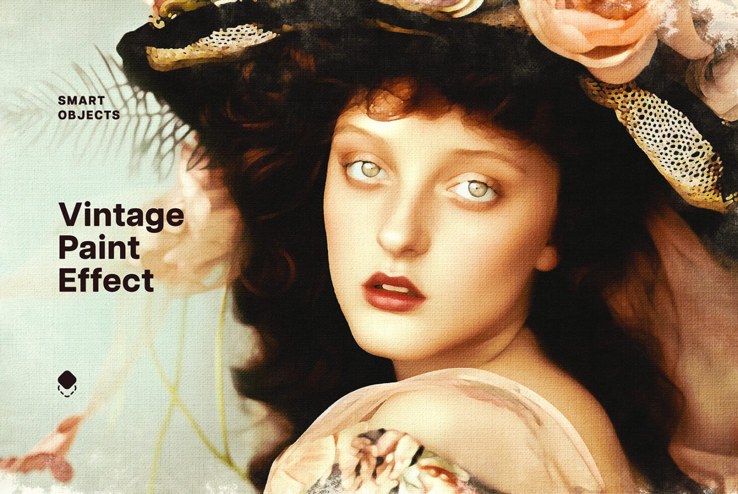Vintage paint effect template featuring a classic portrait with floral hat. Ideal for designers seeking retro graphic style with smart objects for easy editing.