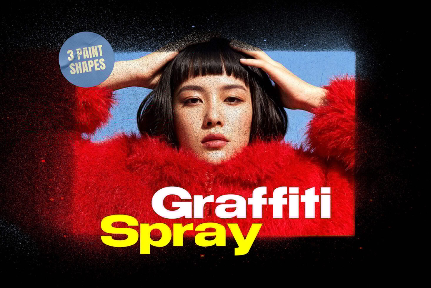 Bold woman in red fur coat with graffiti spray paint effect. Urban art style with text Graffiti Spray and 3 paint shapes. Ideal for graphic designers.