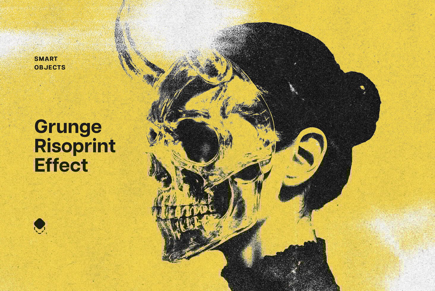 Grunge Risoprint Effect image shows a partial woman's face with a skull overlay. Yellow background. Suitable for edgy graphic designs and mockups.