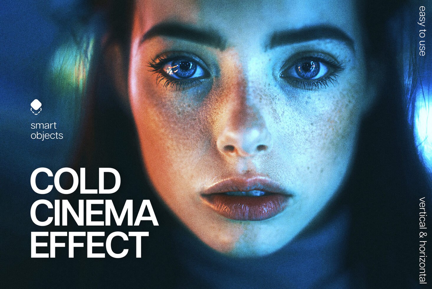 Close-up of a woman's face with cold cinema effect applied for designers. Photoshop template with smart objects. Perfect for creative digital mockups.