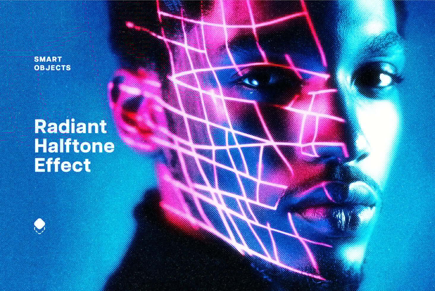 Radiant halftone effect template featuring neon grid overlay on a person's face. Perfect for graphic designers creating futuristic digital art mockups.