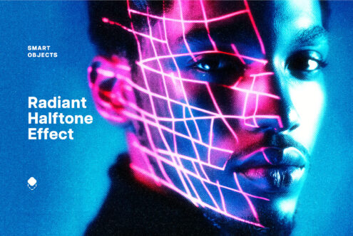 Radiant halftone effect template featuring neon grid overlay on a person's face. Perfect for graphic designers creating futuristic digital art mockups.