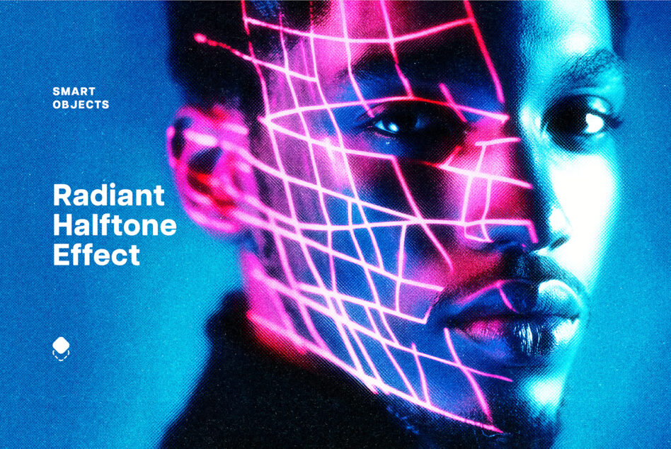 Radiant halftone effect text overlay cyan magenta geometric pattern face bright neon vibes