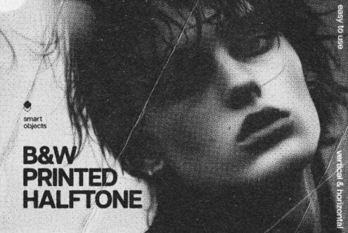 B&W halftone printed texture overlay on close-up face portrait with headphones