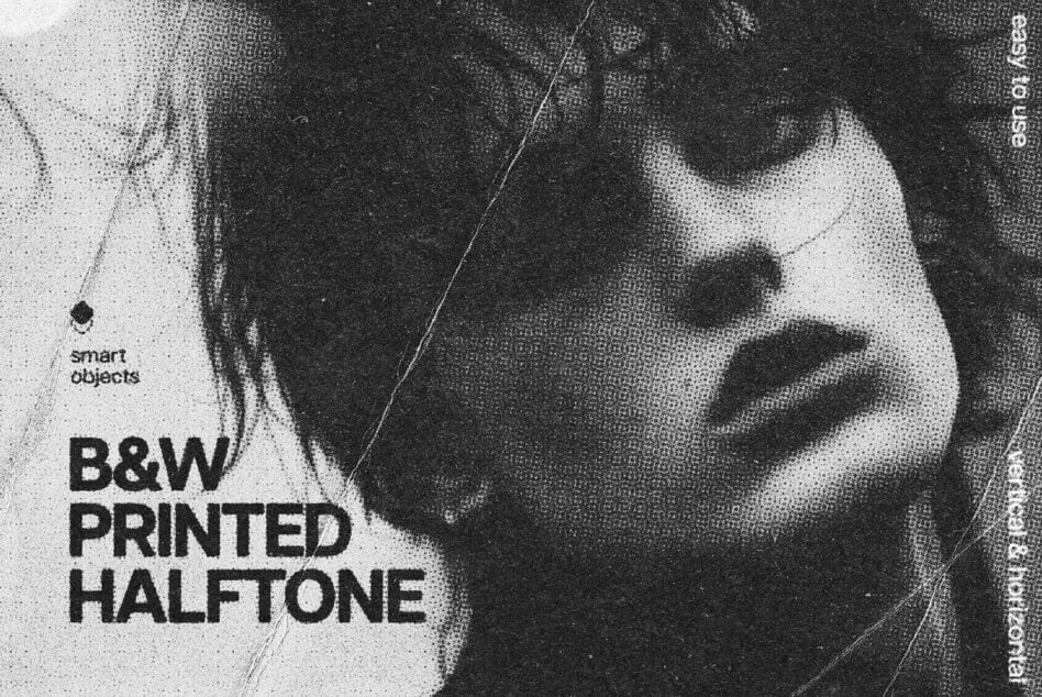 B&W halftone printed texture overlay on close-up face portrait with headphones