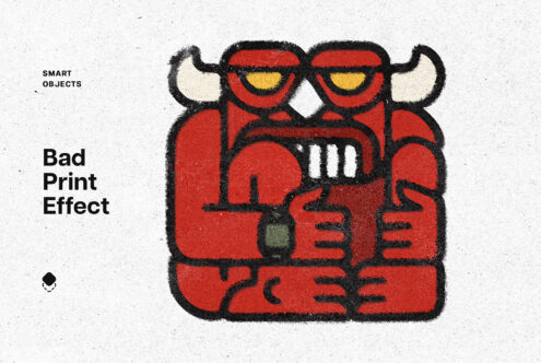Grunge illustration of red monster with horns holding an object textured with a bad print effect. Ideal for graphic design templates and creative projects.