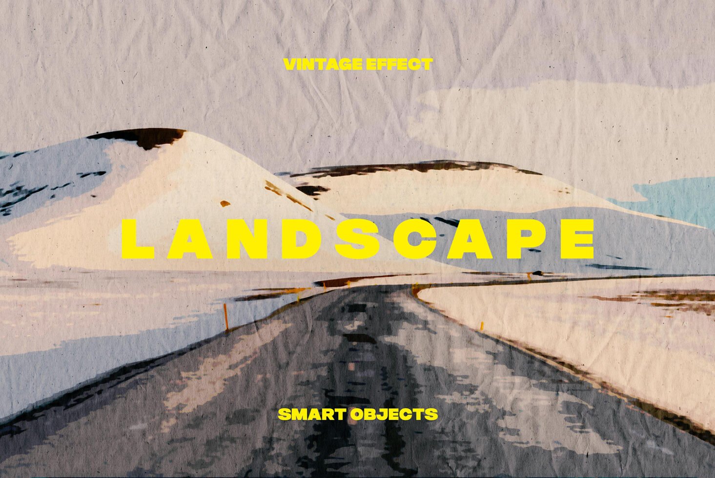 Vintage effect landscape with snowy mountains and road, smart objects available. Perfect for digital design mockups and graphic templates. Keywords: vintage landscape, smart objects, digital design, mockup, graphic template.