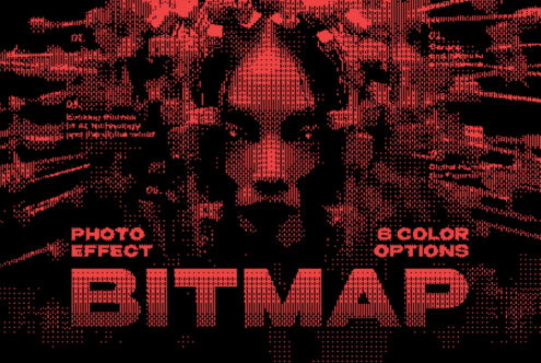 Digital bitmap photo effect showcasing a stylized face with pixelated details in red and black. Includes text overlay and offers six color options.