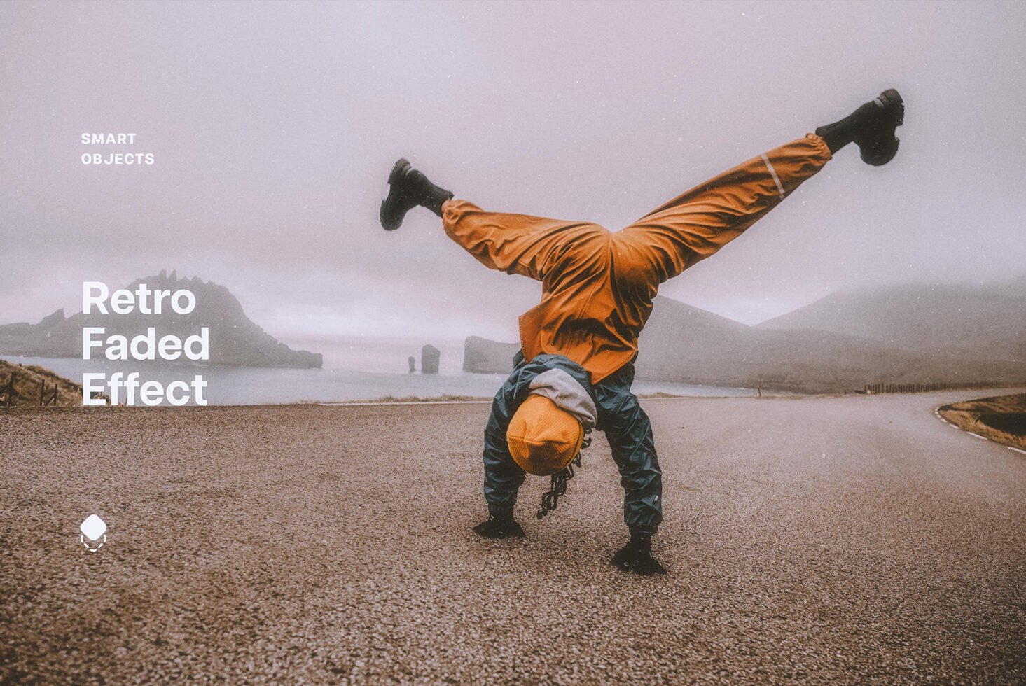 Person in colorful attire performs a handstand on a foggy road; vintage photo effect. Keywords: Retro Effect, Smart Objects, Mockup, Designer Resource