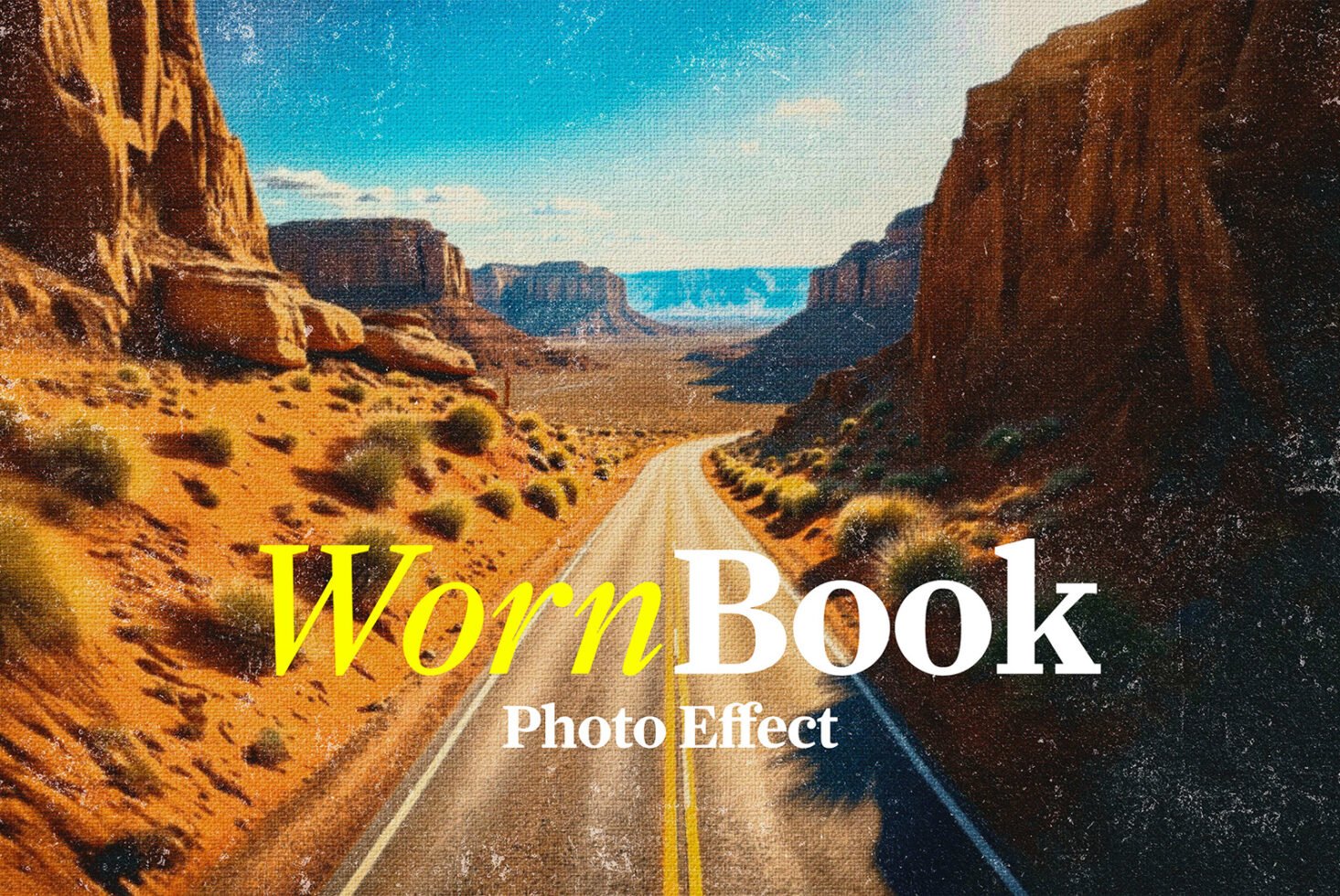 Desert road scene with Worn Book photo effect overlay. Canyon landscape with textured vintage style. Perfect for graphic design projects and mockups.