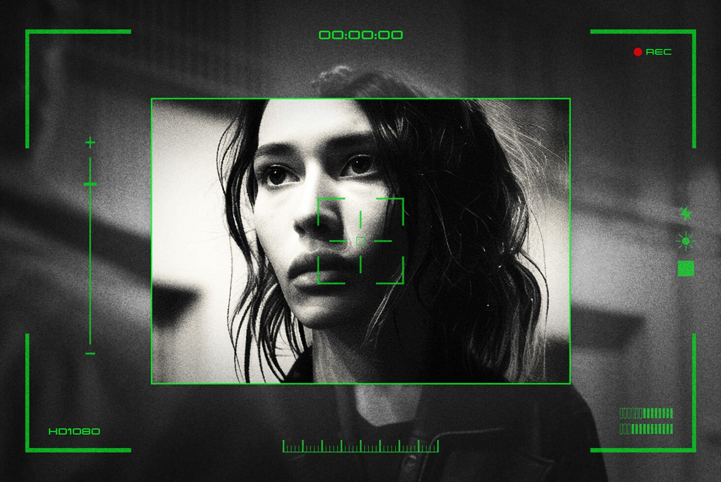Black and white photo of a woman framed by a digital video viewfinder overlay. Perfect for mockups. Keywords: video overlay, viewfinder, mockup design.