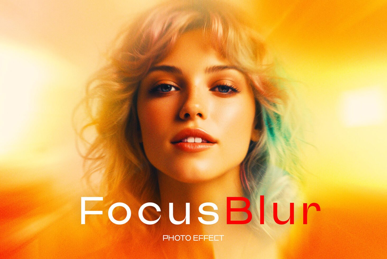 Focus blur photo effect template featuring a woman's face with golden and orange tones, ideal for designers' mockups and graphic projects.