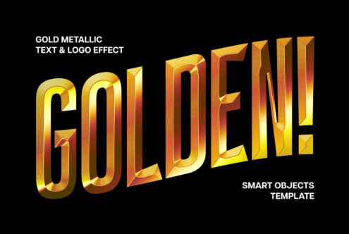 Bold gold 3D text with gradient shine, red orange tones on black background