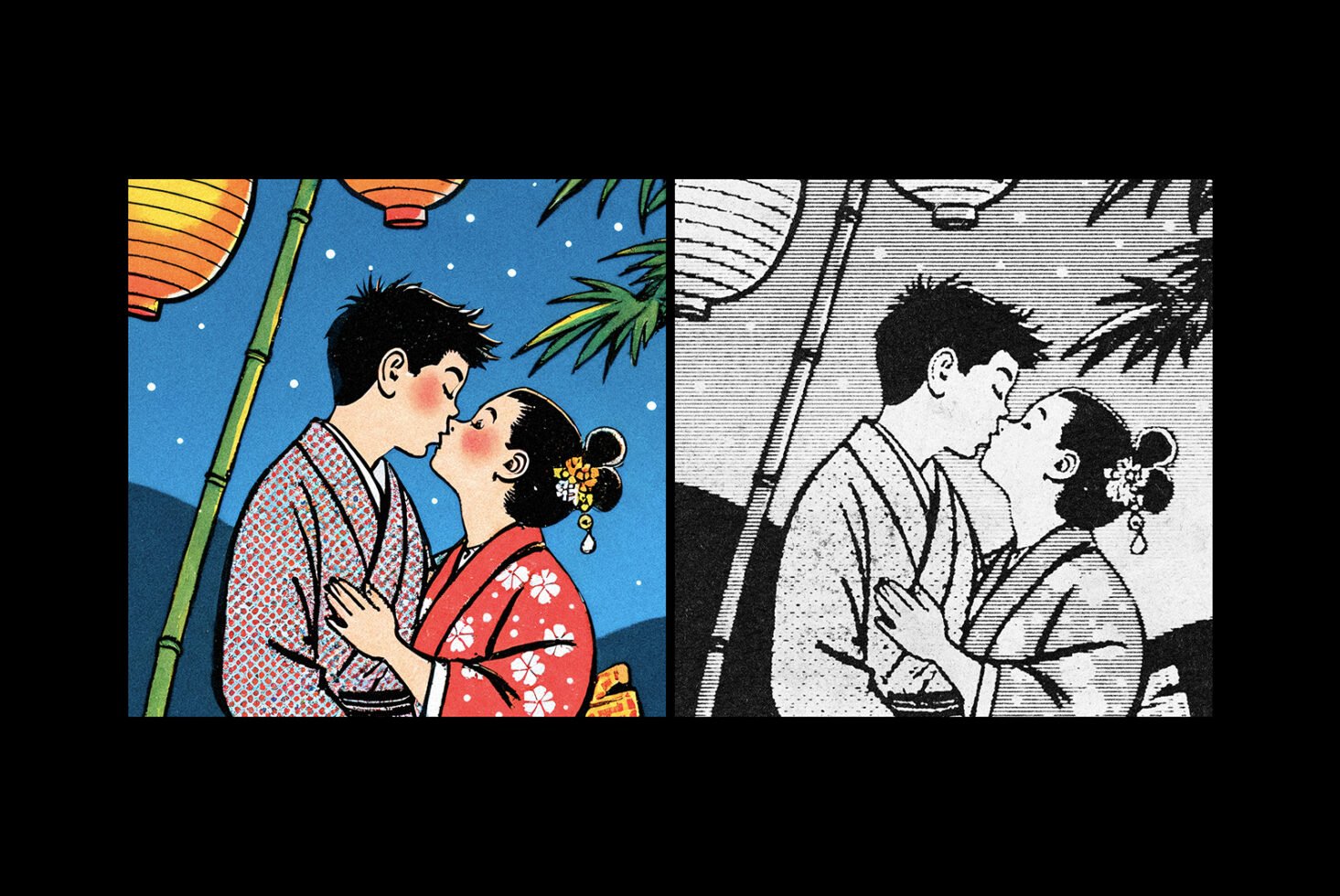 Vintage couple illustration graphic in color and black and white style. Perfect for designers seeking unique retro art assets for projects or mockups.