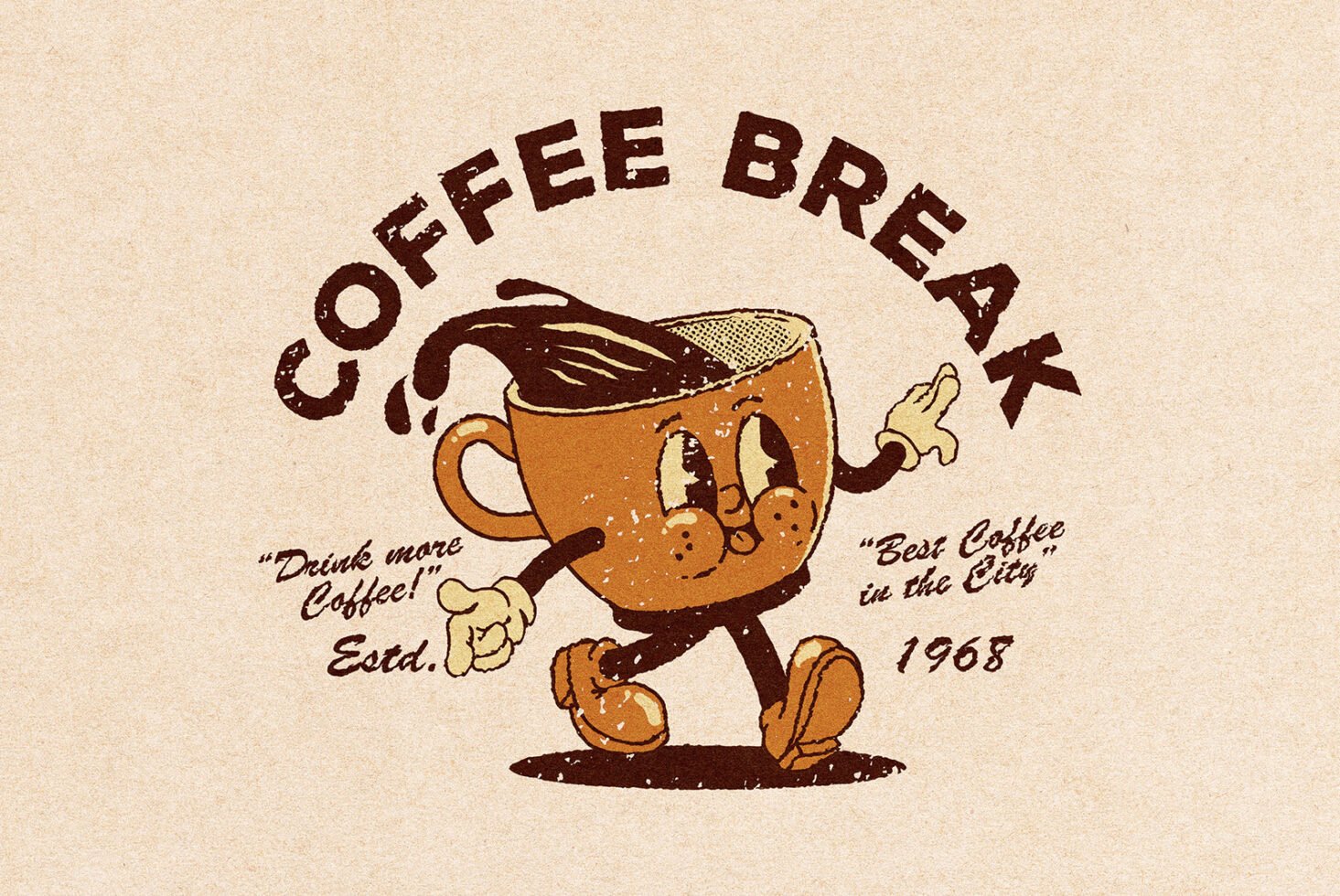 Vintage coffee mug character illustration with playful typography Coffee Break suitable for graphic design projects retro style digital asset 1968.