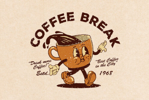 Vintage coffee mug character illustration with playful typography Coffee Break suitable for graphic design projects retro style digital asset 1968.