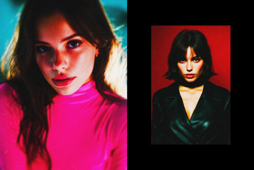 Dual portraits showing moody neon pink magenta colors with heavy glow treatment