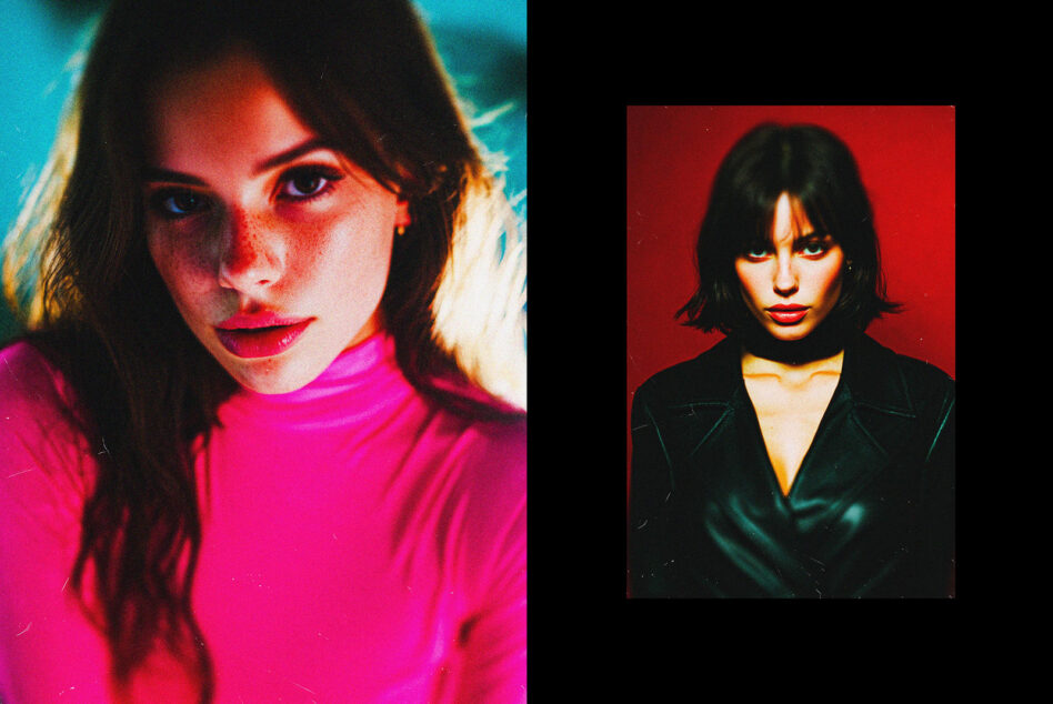 Dual portraits showing moody neon pink magenta colors with heavy glow treatment