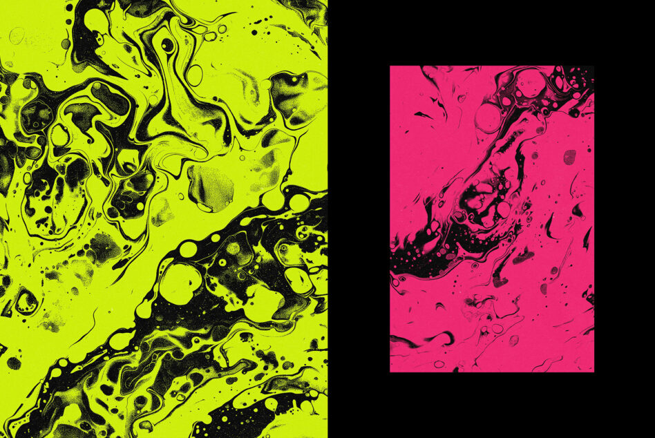 Bright yellow marble texture left, hot pink abstract liquid right side