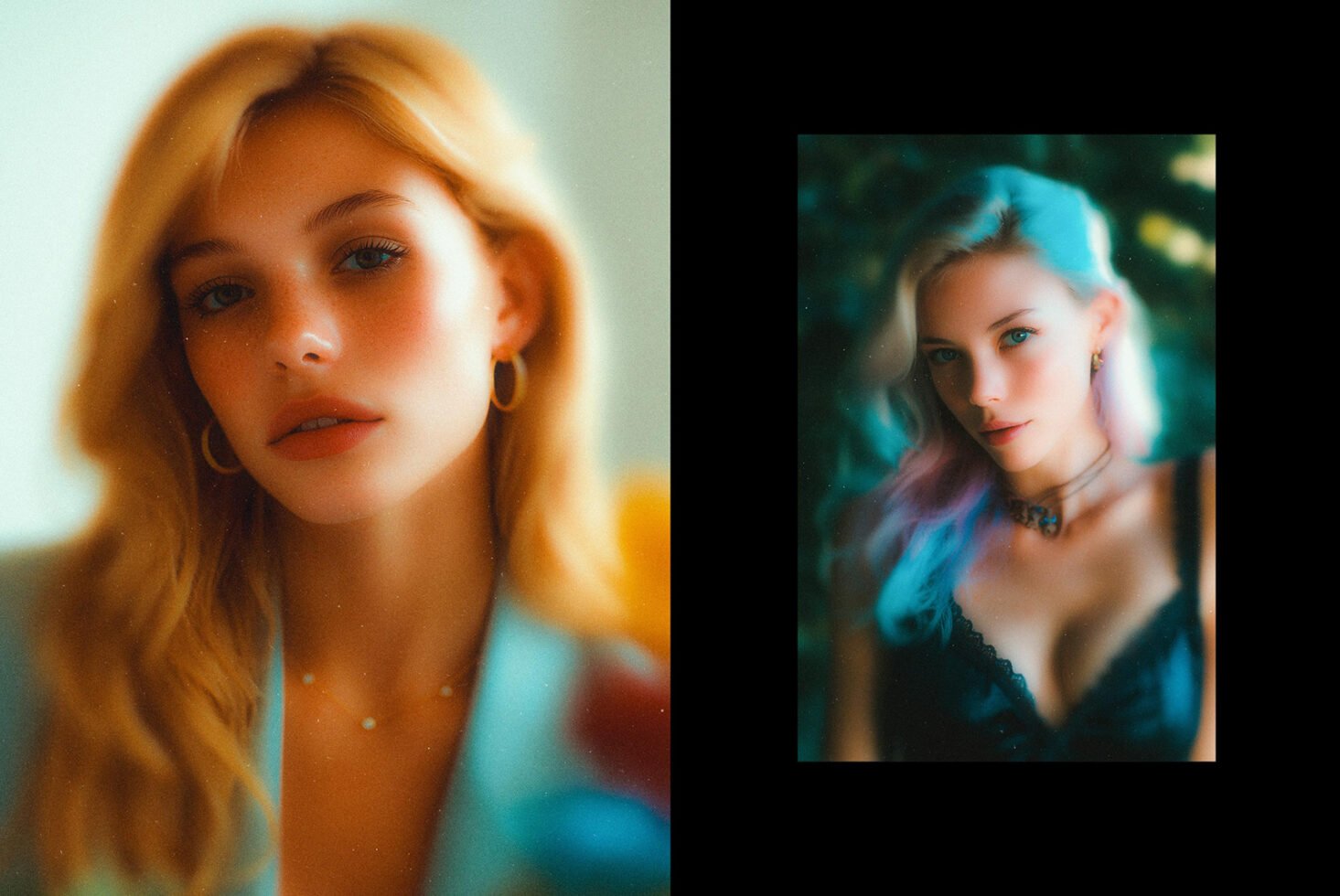 Dreamy dual portrait with vibrant lighting and soft focus, ideal for graphic design, photography mockups, creative visual inspiration, artistic editing.