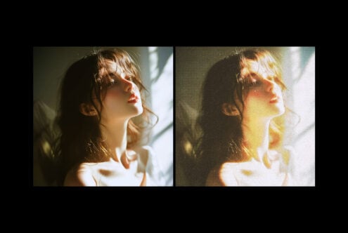 Side by side portraits of woman's face with golden hour lighting, one natural one with halftone effect