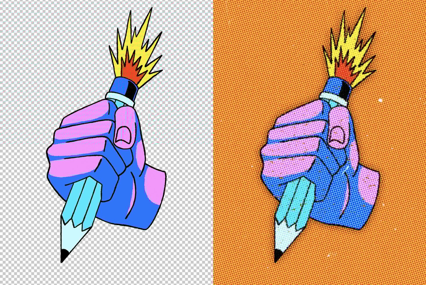 Pop art style illustration of a hand holding a pencil with explosive tip in dynamic comic book design, perfect for graphic templates or creative projects.