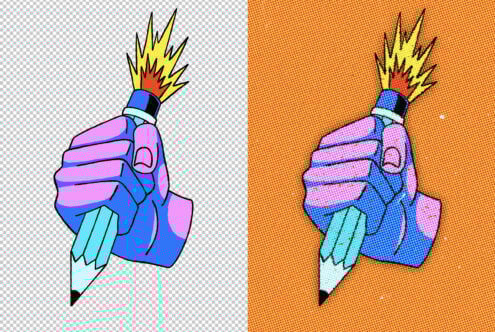 Pop art style illustration of a hand holding a pencil with explosive tip in dynamic comic book design, perfect for graphic templates or creative projects.