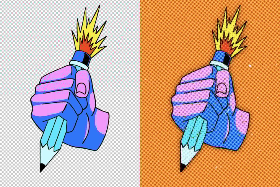 Pop art style illustration of a hand holding a pencil with explosive tip in dynamic comic book design, perfect for graphic templates or creative projects.