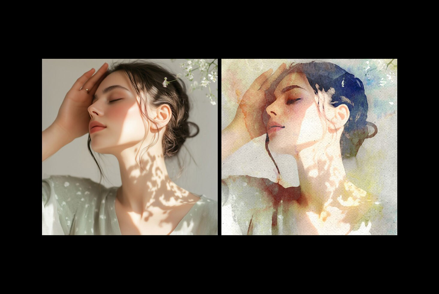 Side-by-side portrait and watercolor art of woman with shadows on face; perfect for mockups, graphics, and art templates for designers.