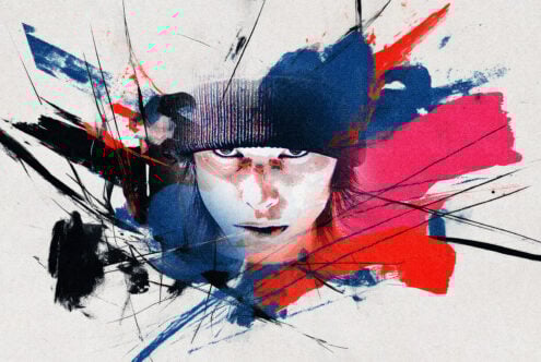 Vibrant abstract portrait with dynamic brush strokes in red blue and black Digital art ideal for graphic design projects Illustrator resource