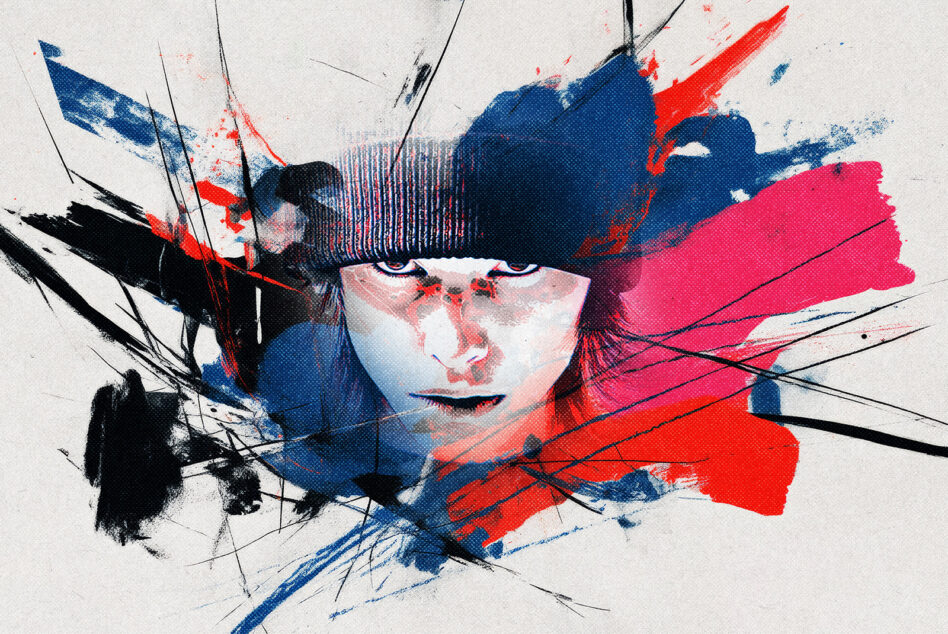 Person's face split with blue, red, pink paint strokes over eyes