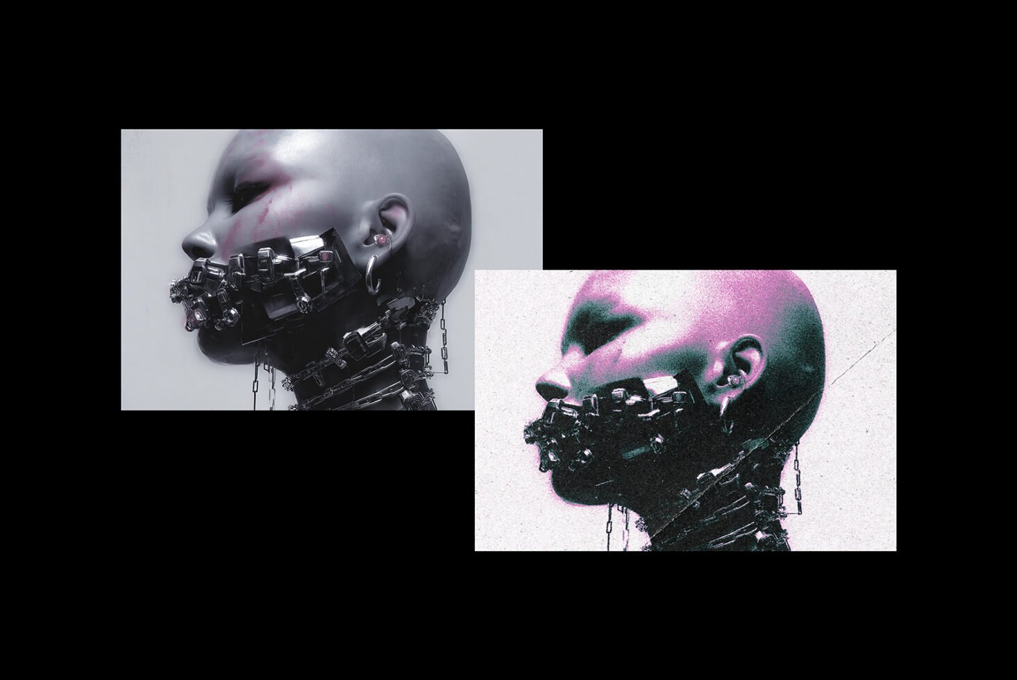 Futuristic digital art of two bald figures with metallic facial accessories on black background ideal for graphic design projects and creative template use.