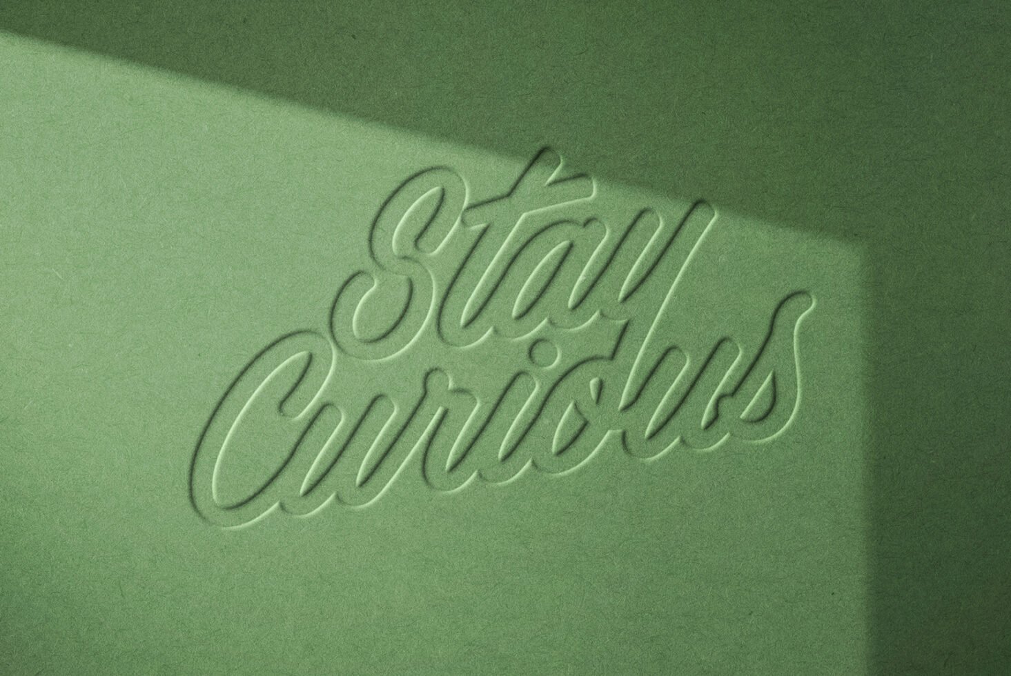 Embossed text 'Stay Curious' on green textured paper with shadow. Ideal for graphic design mockups, branding, and typography projects.