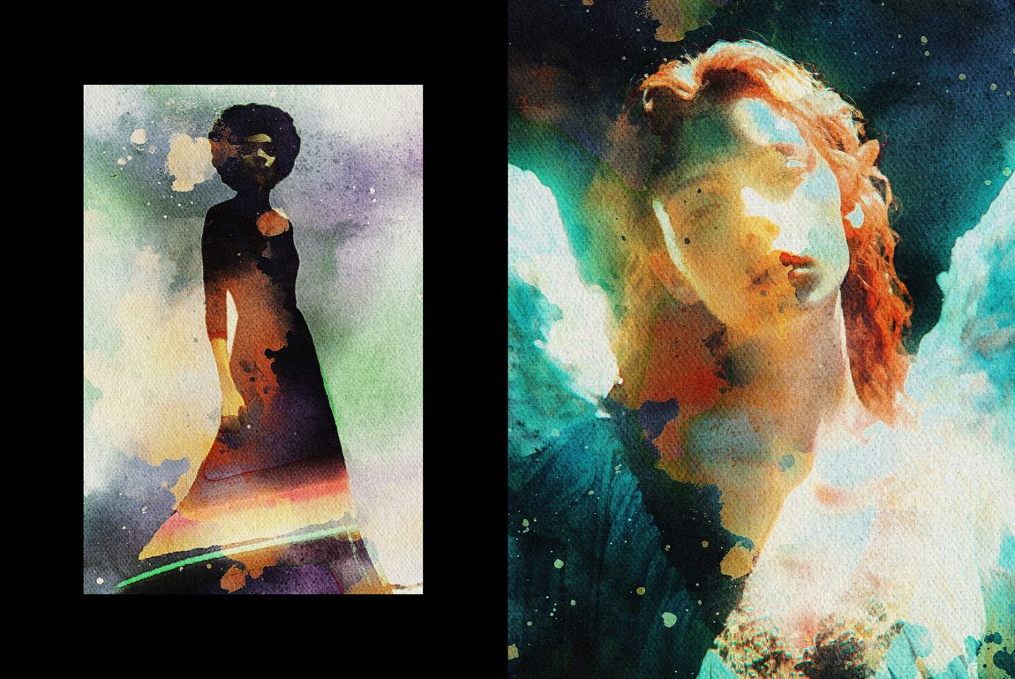 Abstract watercolor artworks depicting silhouette and portrait in vibrant colors, ideal for graphics and templates. Perfect for vibrant design projects.