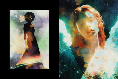 Abstract watercolor artworks depicting silhouette and portrait in vibrant colors, ideal for graphics and templates. Perfect for vibrant design projects.