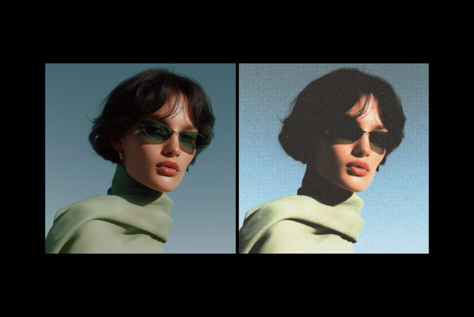 Split screen comparing portrait with sunglasses, showing original plus pixelated version