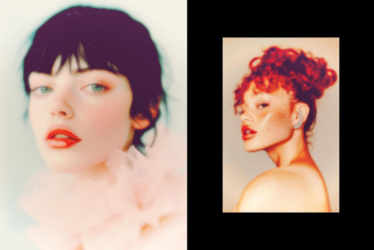 Portrait photography features two women with artistic makeup and retro style. Ideal for design mockups and graphics showcasing creative portraits.